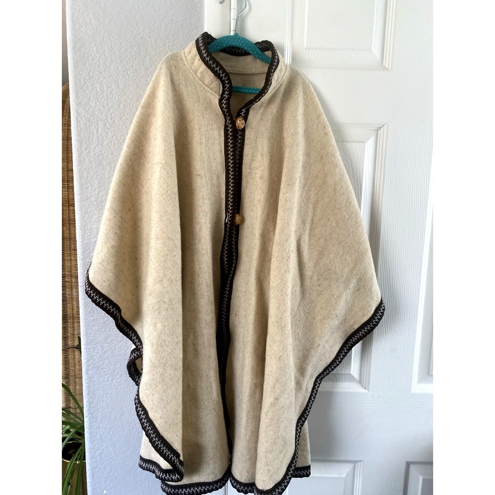 100% Wool Woven‎ Mexican Poncho Natural Button Front OSFM Cream Vintage - Picture 2 of 8